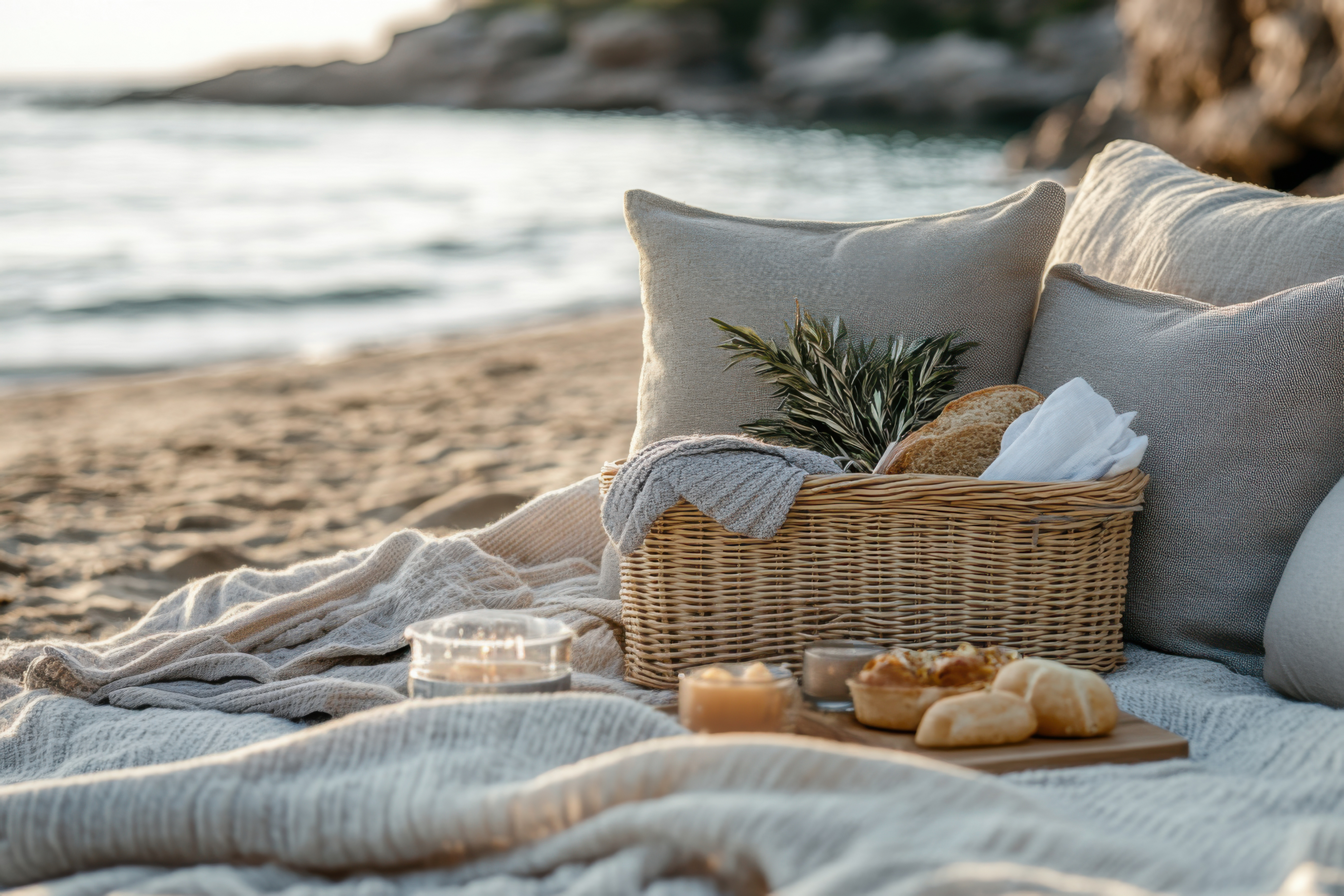 Picnic setup on a Danish beach at sunset